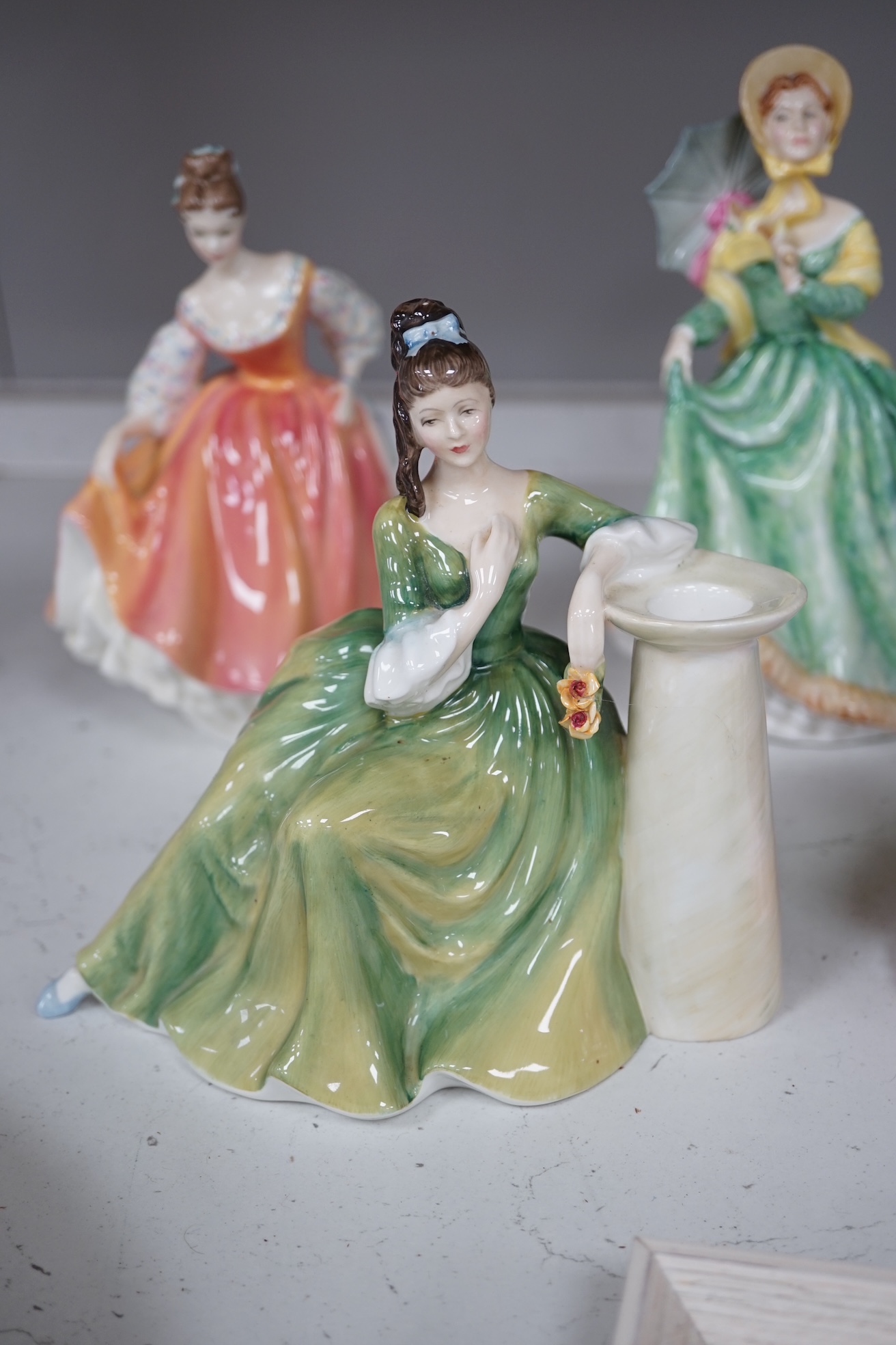 Seven Royal Doulton and Royal Dux female figures, including Fair Lady, Secret Thoughts, Valerie, Home Again, etc. Condition - good.